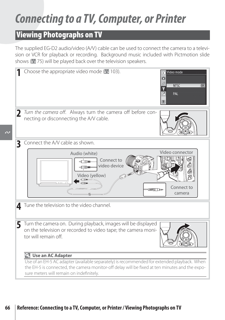 Connecting to a tv, computer, or printer, Viewing photographs on tv | Nikon D80 User Manual | Page 78 / 162