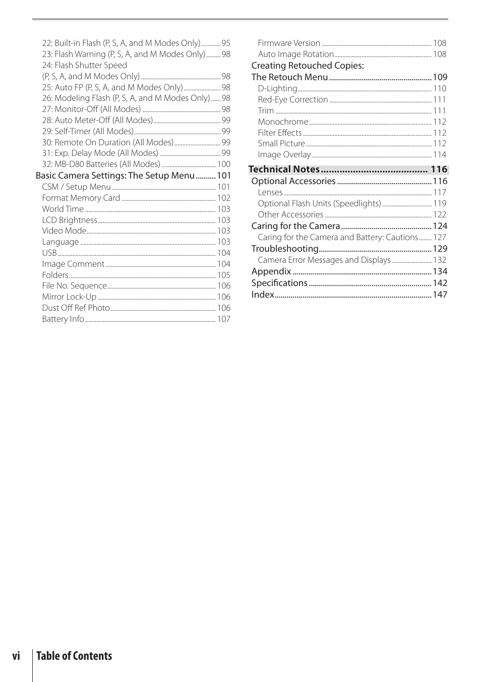 Vi table of contents | Nikon D80 User Manual | Page 8 / 162