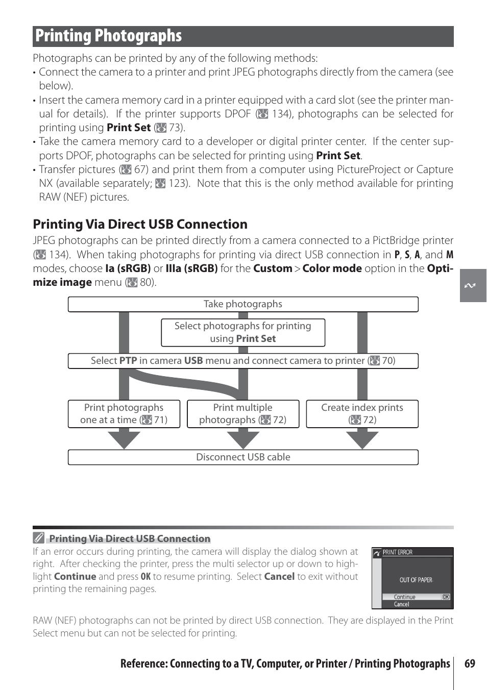 Printing photographs, Printing via direct usb connection | Nikon D80 User Manual | Page 81 / 162