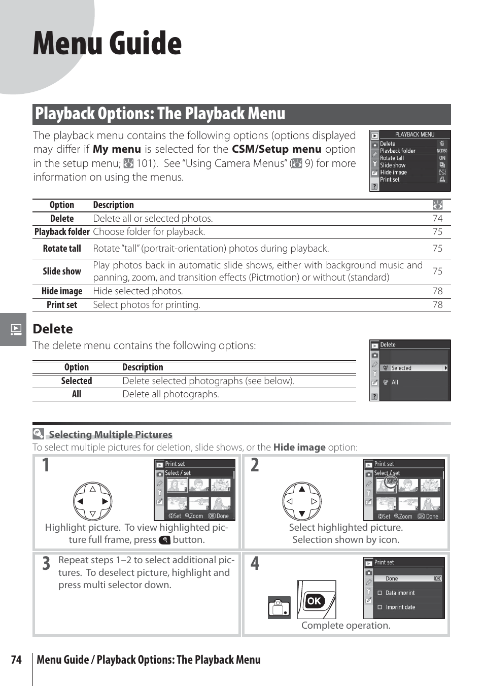 Menu guide, Playback options: the playback menu | Nikon D80 User Manual | Page 86 / 162