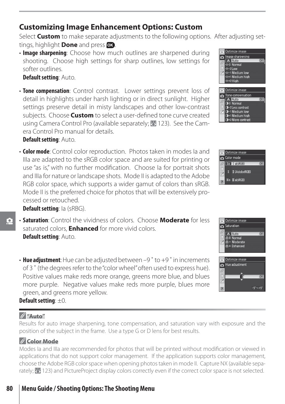 Customizing image enhancement options: custom | Nikon D80 User Manual | Page 92 / 162