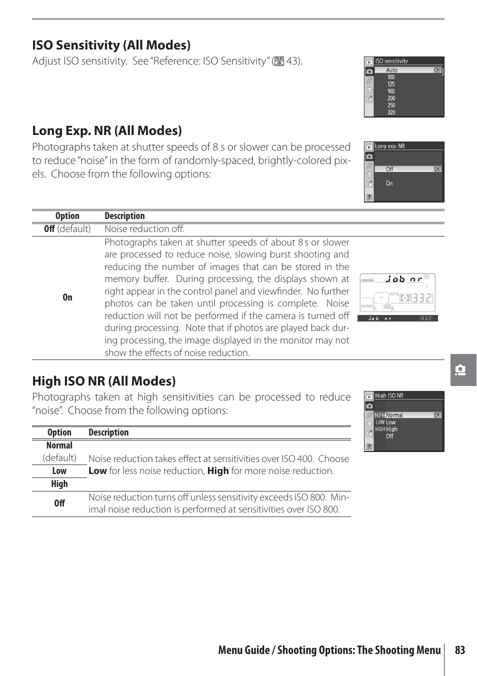 High iso nr (all modes), Iso sensitivity (all modes), Long exp. nr (all modes) | Nikon D80 User Manual | Page 95 / 162