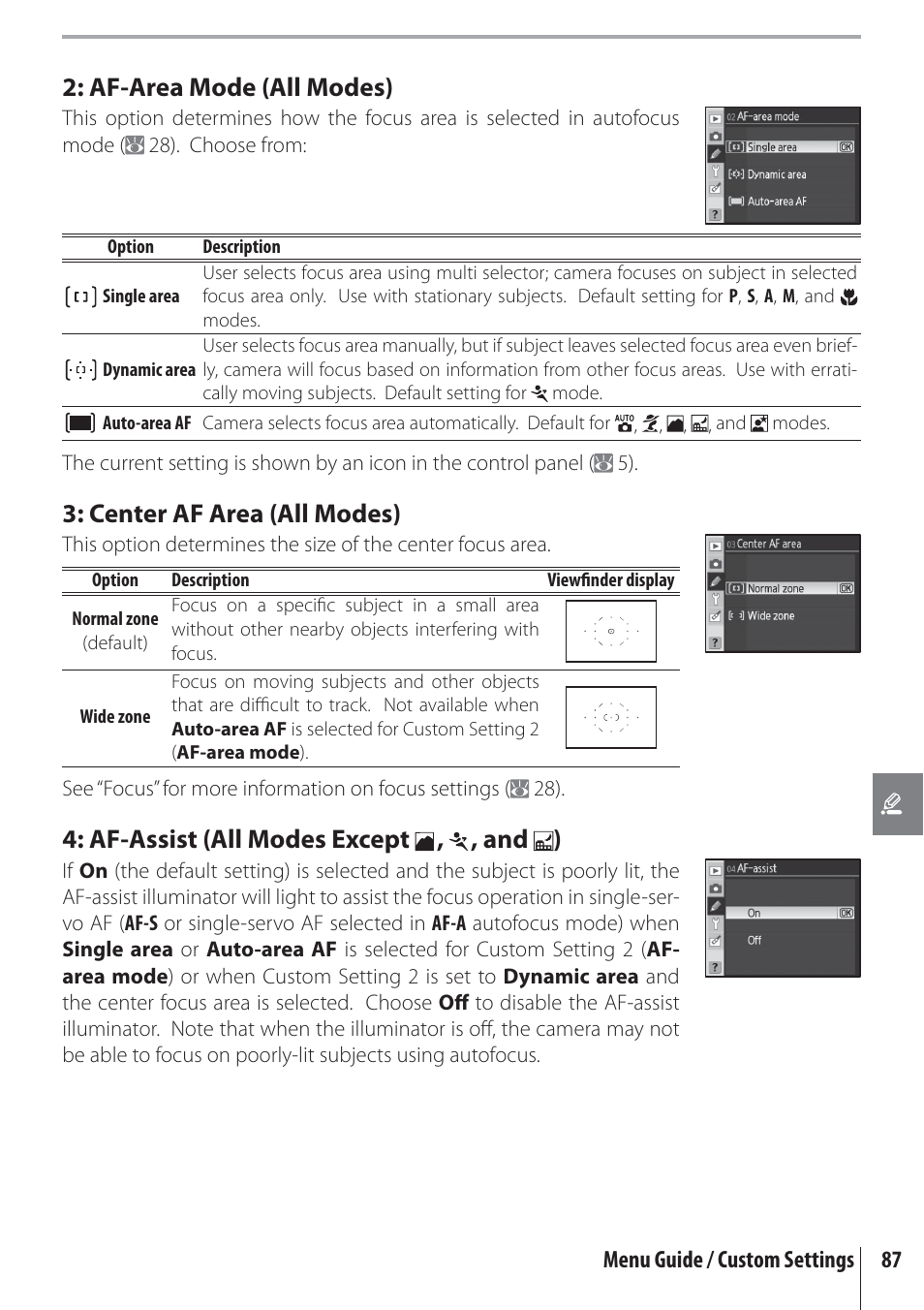 Af-area mode (all modes), Center af area (all modes), Af-assist (all modes except , , and ) | Nikon D80 User Manual | Page 99 / 162