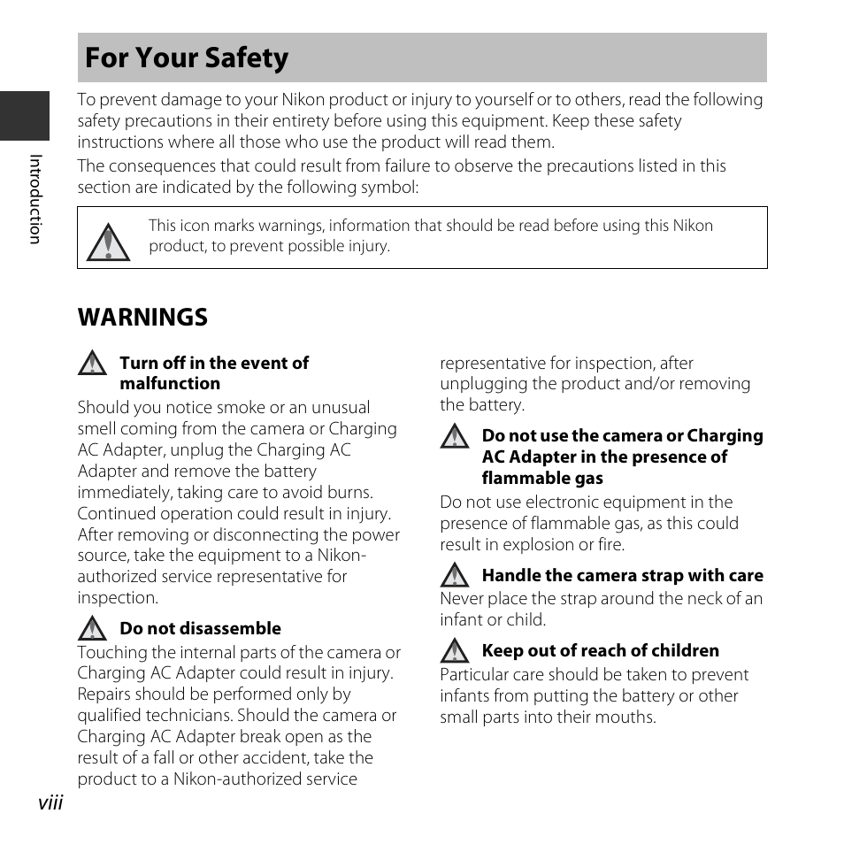 For your safety, Warnings, Viii | Nikon S3600 User Manual | Page 10 / 208