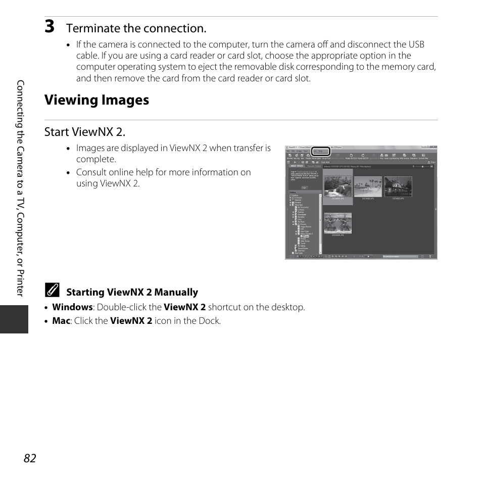 Viewing images, Terminate the connection, Start viewnx 2 | Nikon S3600 User Manual | Page 100 / 208