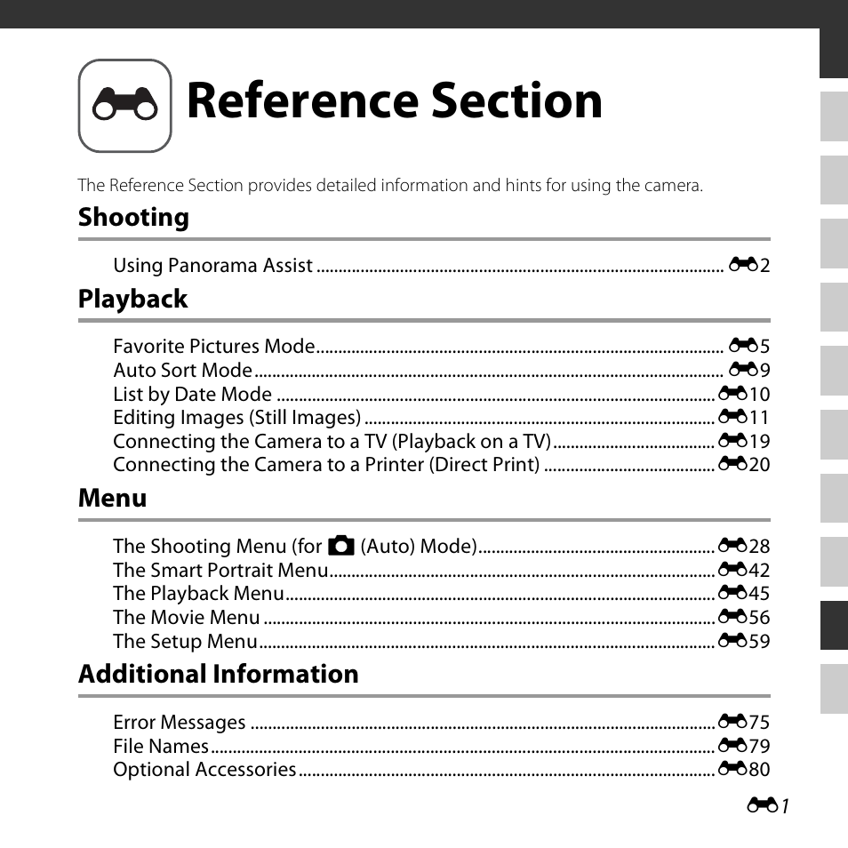 Reference section, Shooting, Playback | Menu, Additional information | Nikon S3600 User Manual | Page 101 / 208