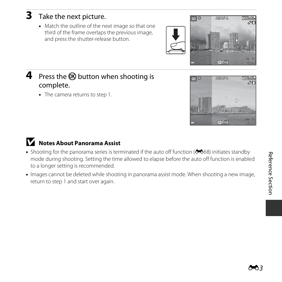 Take the next picture, Press the k button when shooting is complete | Nikon S3600 User Manual | Page 103 / 208