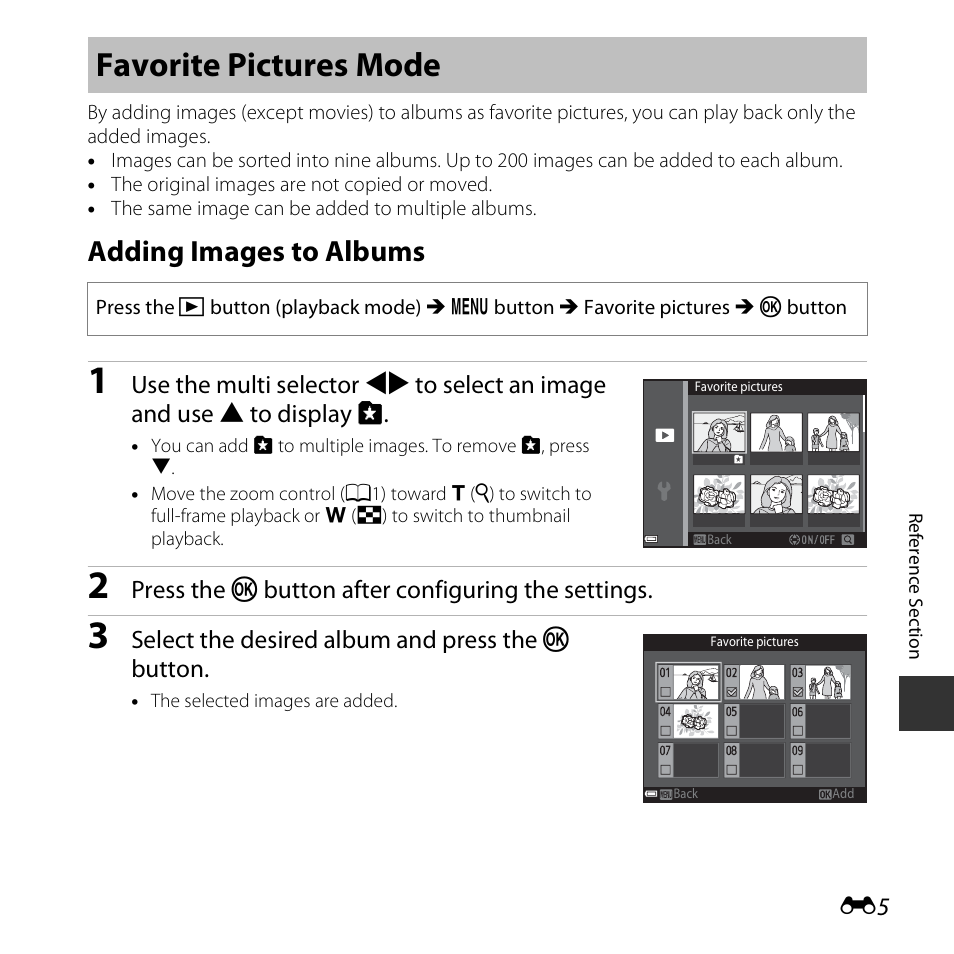 Favorite pictures mode, Adding images to albums | Nikon S3600 User Manual | Page 105 / 208