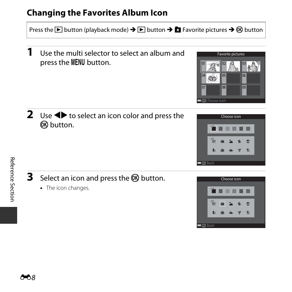 Changing the favorites album icon | Nikon S3600 User Manual | Page 108 / 208