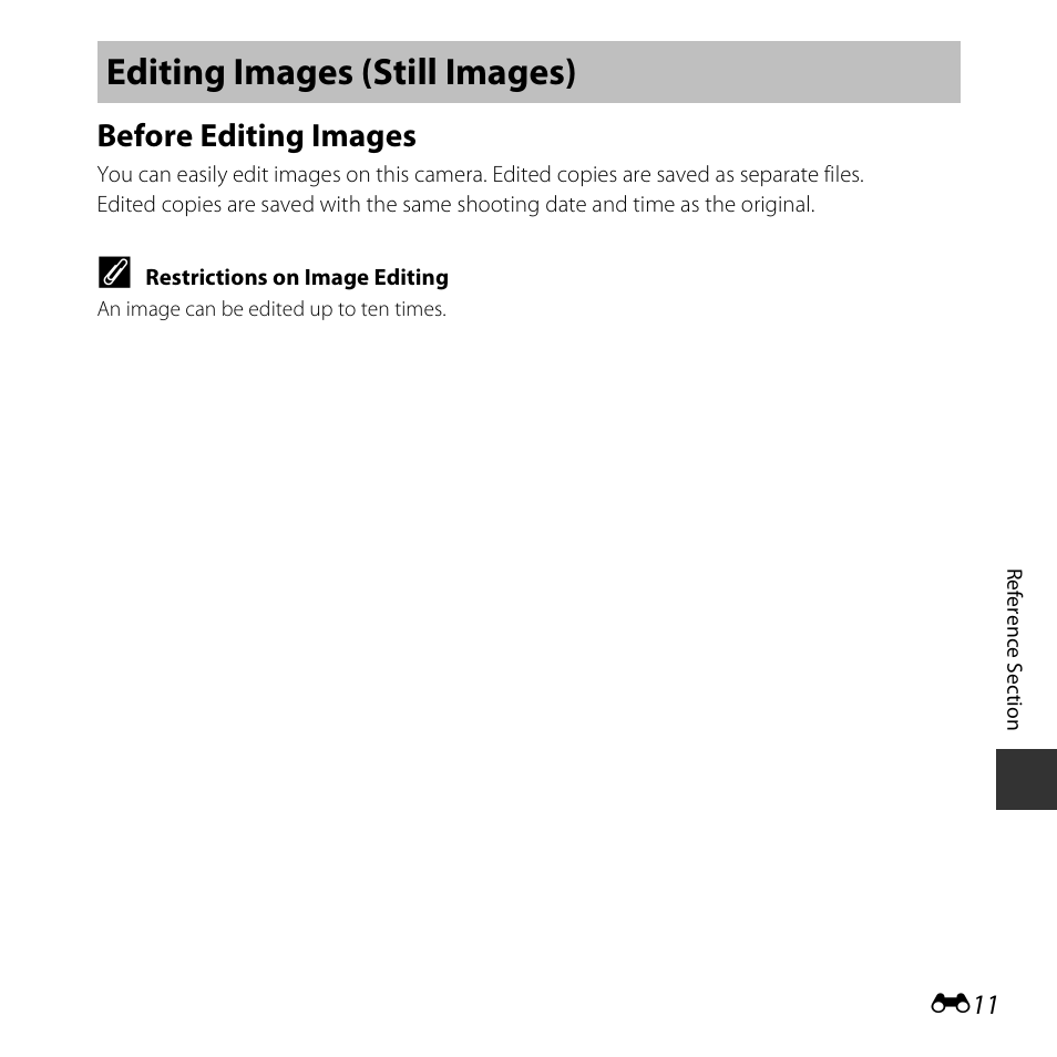 Editing images (still images), Before editing images | Nikon S3600 User Manual | Page 111 / 208