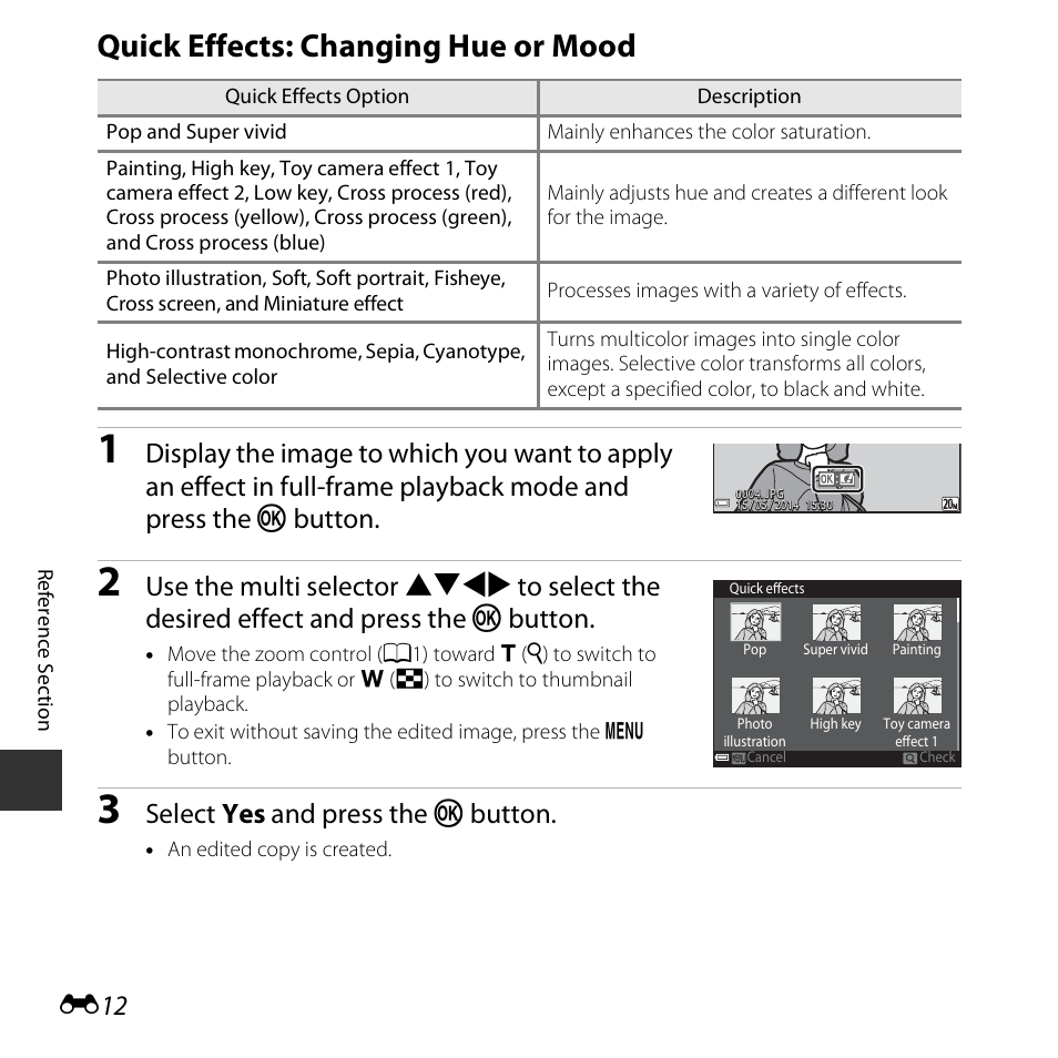 Quick effects: changing hue or mood, See “quick effects: changing hue or mood” (e12) fo, Select yes and press the k button | Nikon S3600 User Manual | Page 112 / 208