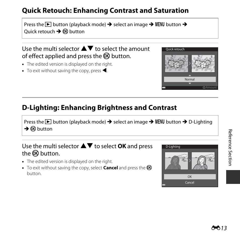 Quick retouch: enhancing contrast and saturation, D-lighting: enhancing brightness and contrast | Nikon S3600 User Manual | Page 113 / 208