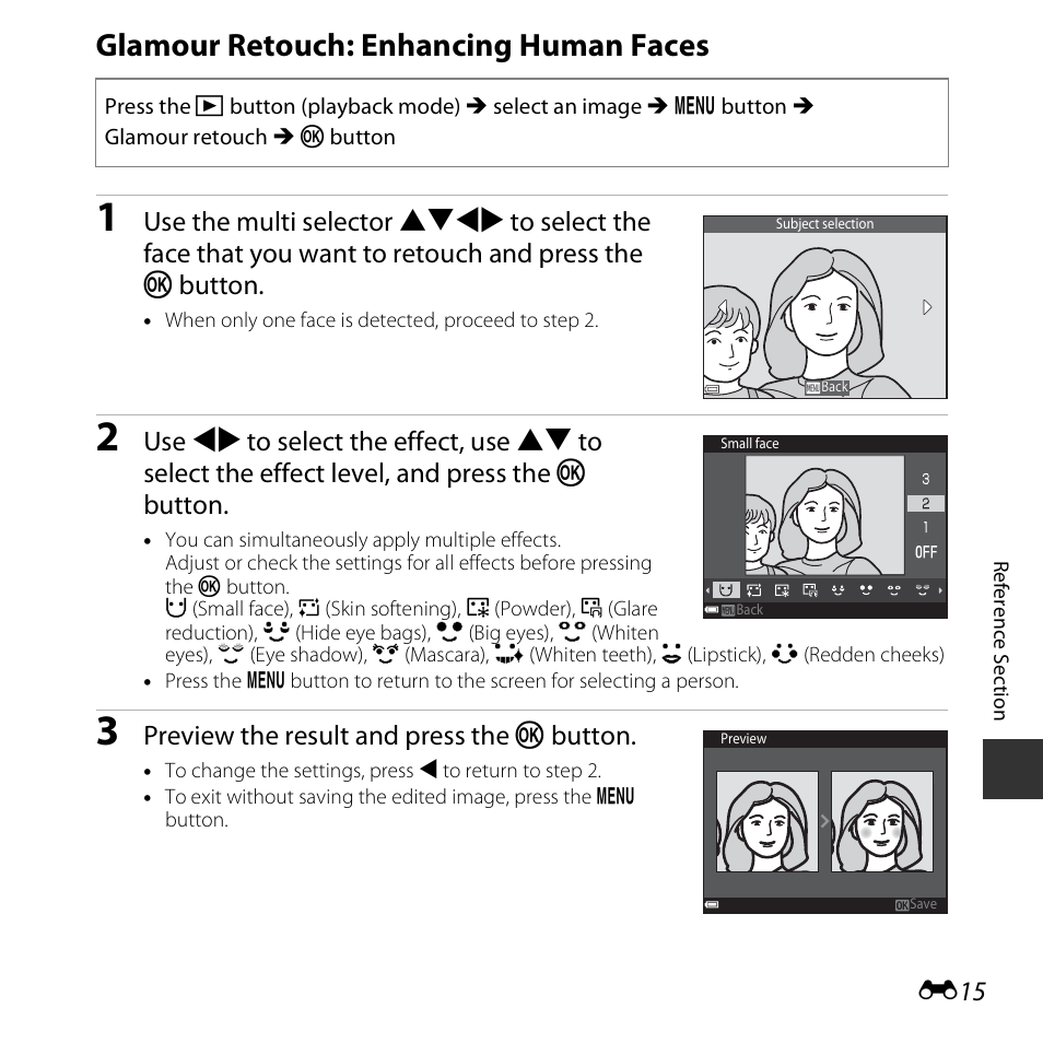 Glamour retouch: enhancing human faces, Preview the result and press the k button | Nikon S3600 User Manual | Page 115 / 208