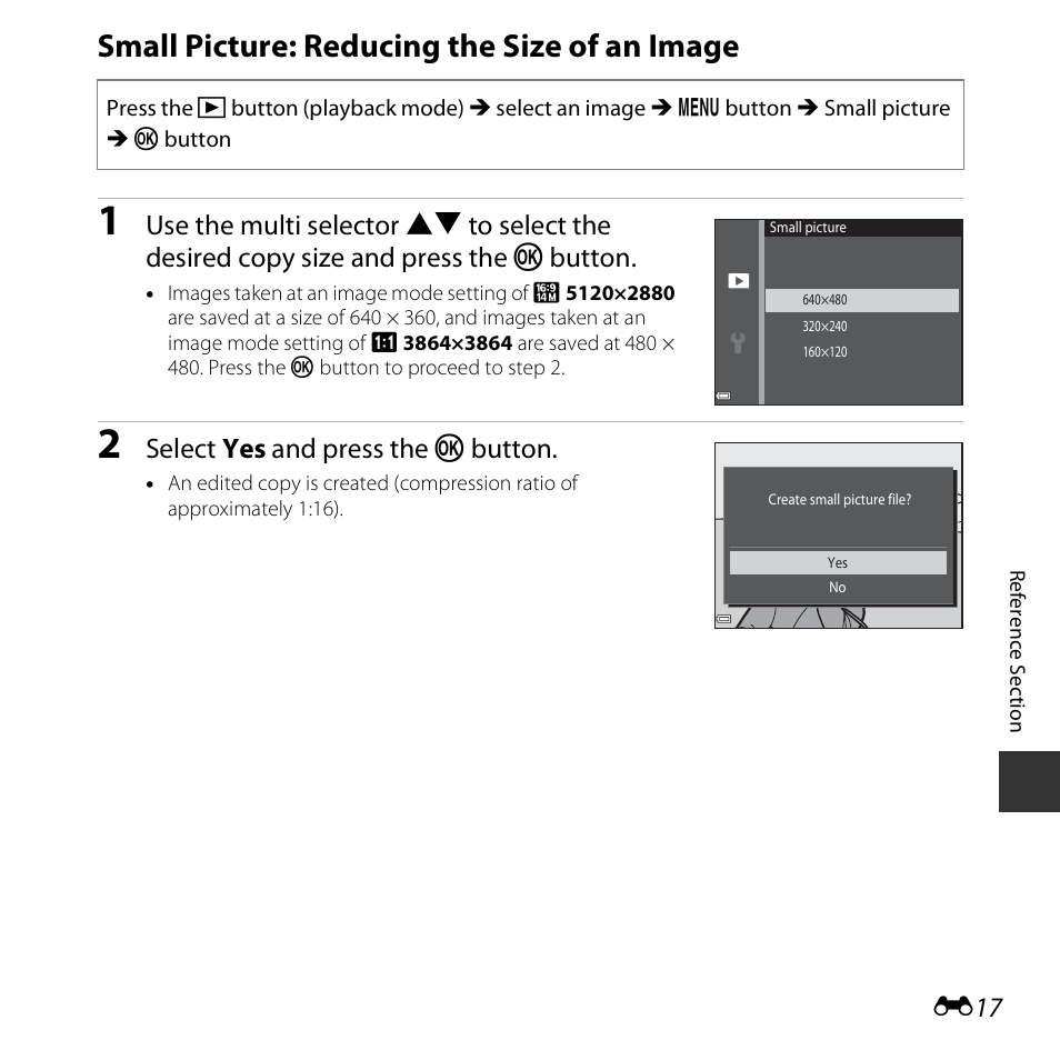 Small picture: reducing the size of an image, Select yes and press the k button | Nikon S3600 User Manual | Page 117 / 208