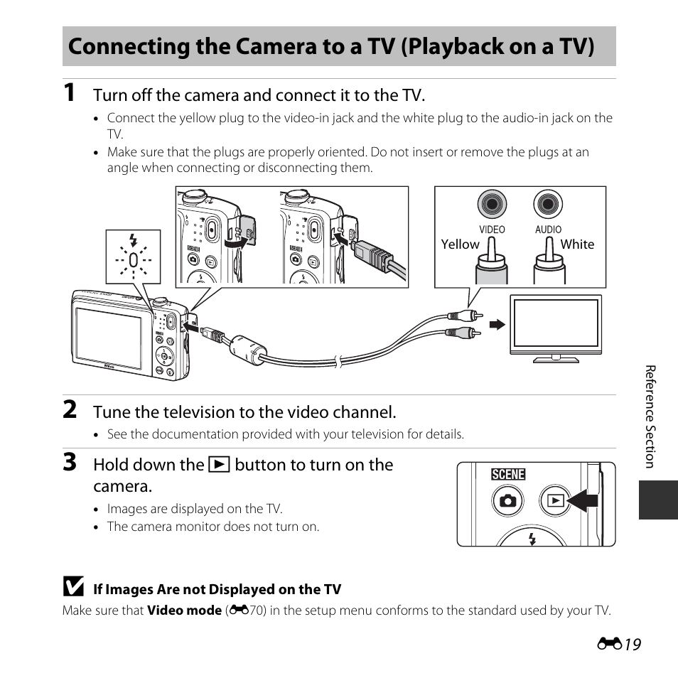 Connecting the camera to a tv (playback on a tv) | Nikon S3600 User Manual | Page 119 / 208