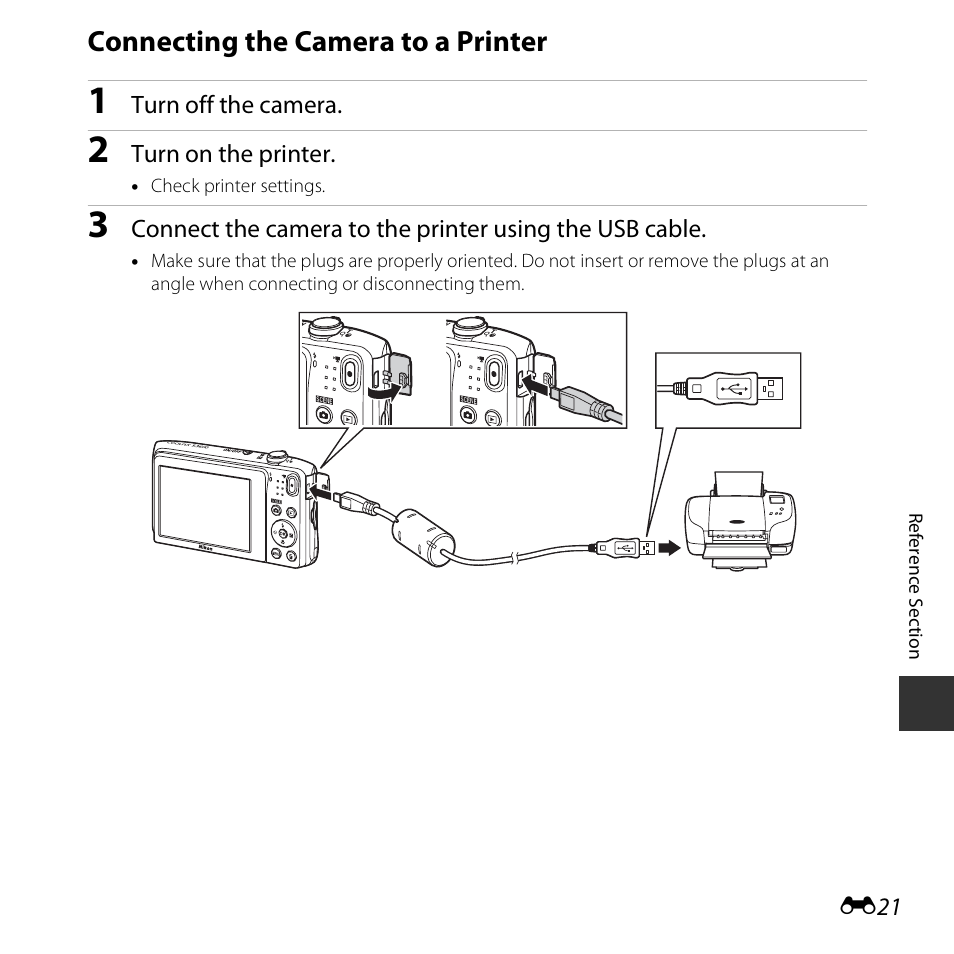 Connecting the camera to a printer, E21) | Nikon S3600 User Manual | Page 121 / 208