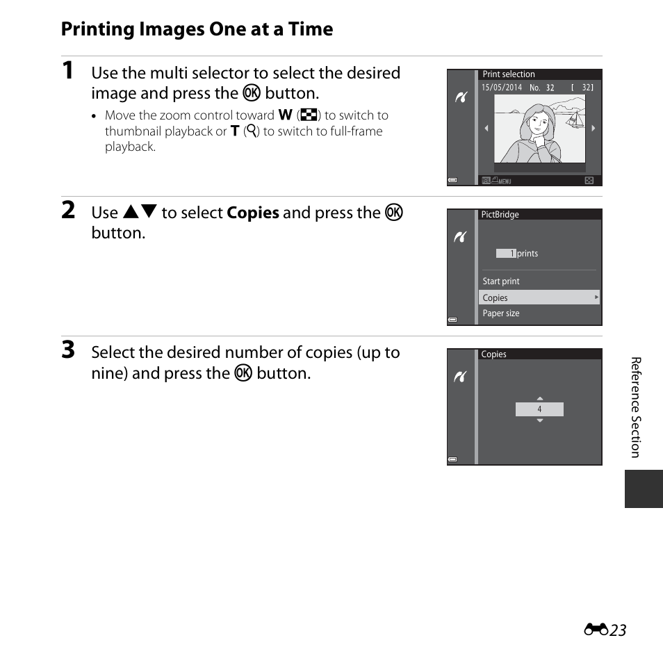 Printing images one at a time, E23), Use hi to select copies and press the k button | Nikon S3600 User Manual | Page 123 / 208