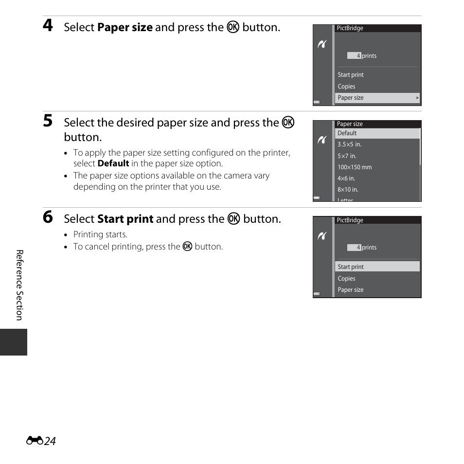 Select paper size and press the k button, Select start print and press the k button | Nikon S3600 User Manual | Page 124 / 208