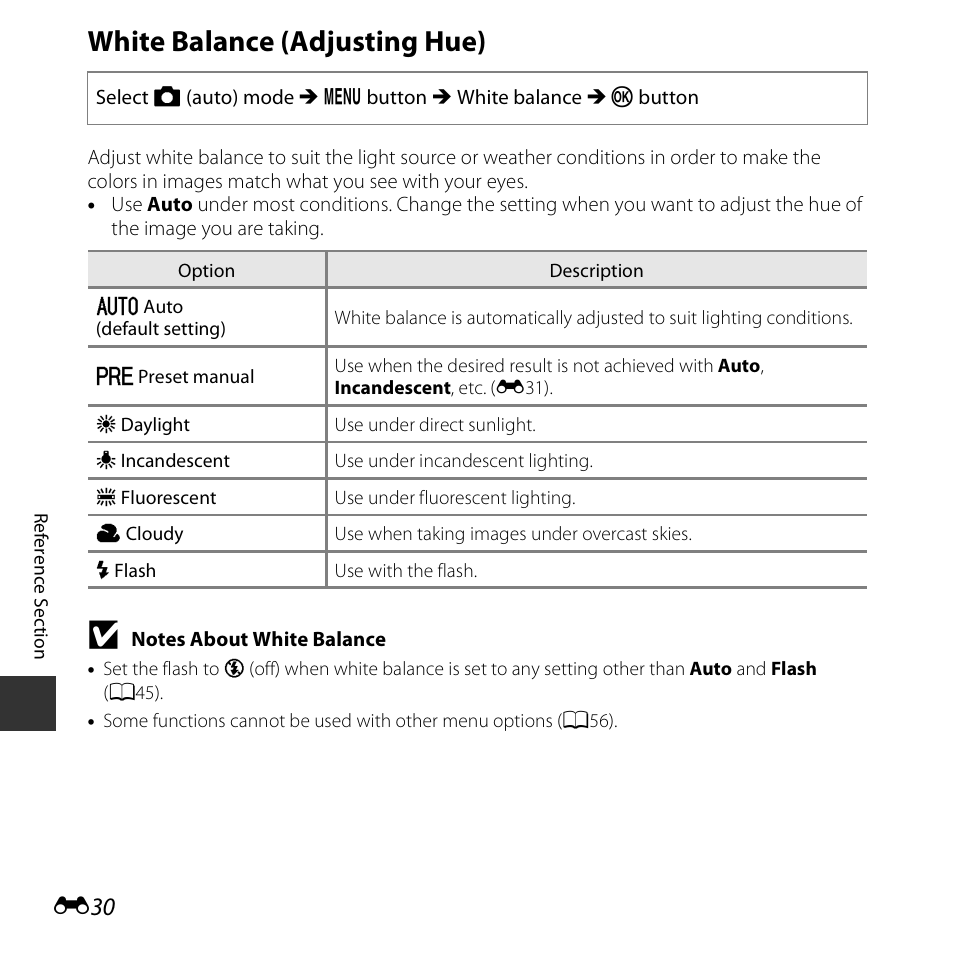 White balance (adjusting hue) | Nikon S3600 User Manual | Page 130 / 208