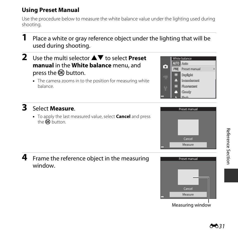 E31), Using preset manual, Select measure | Frame the reference object in the measuring window | Nikon S3600 User Manual | Page 131 / 208