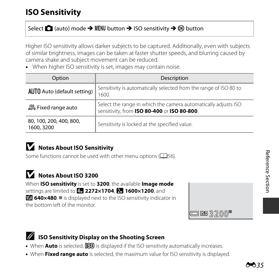 Iso sensitivity | Nikon S3600 User Manual | Page 135 / 208