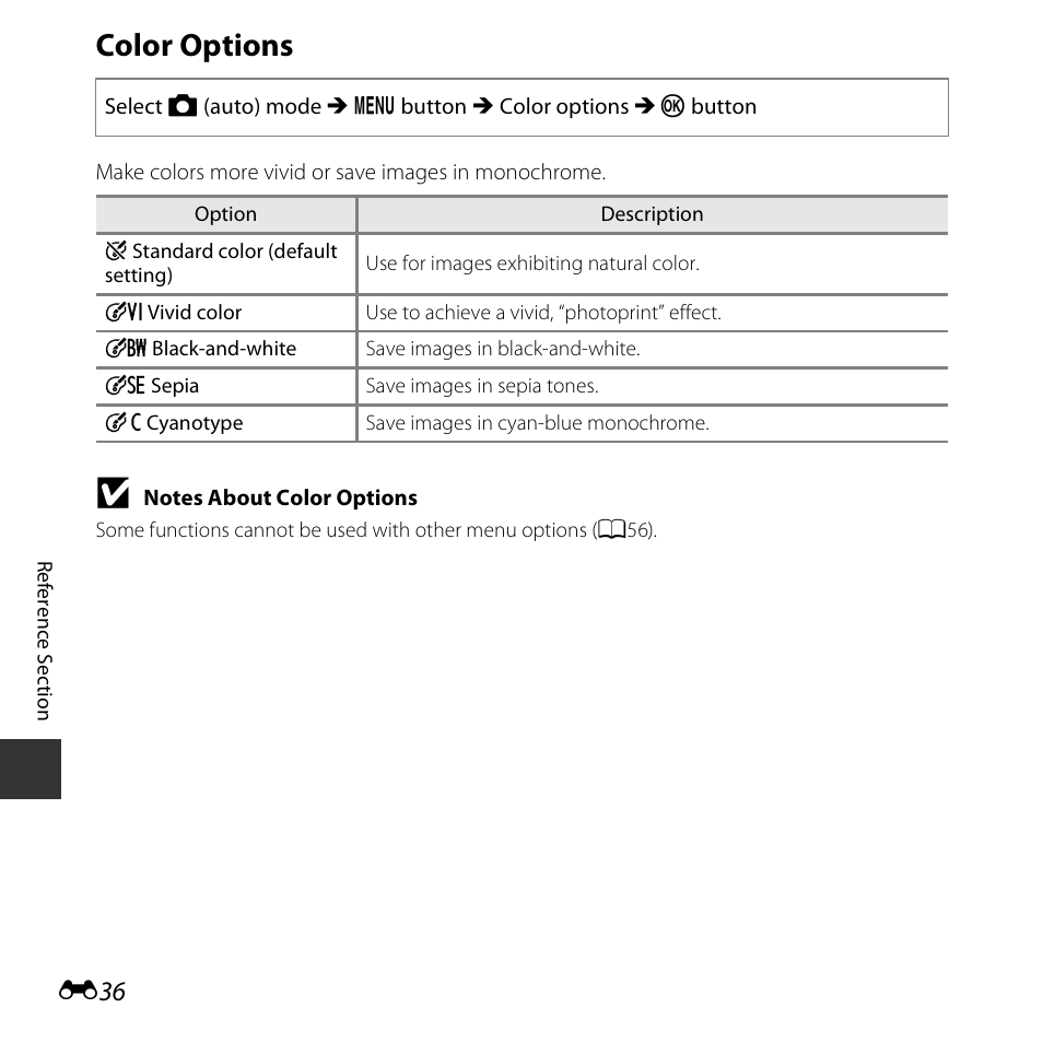 Color options | Nikon S3600 User Manual | Page 136 / 208