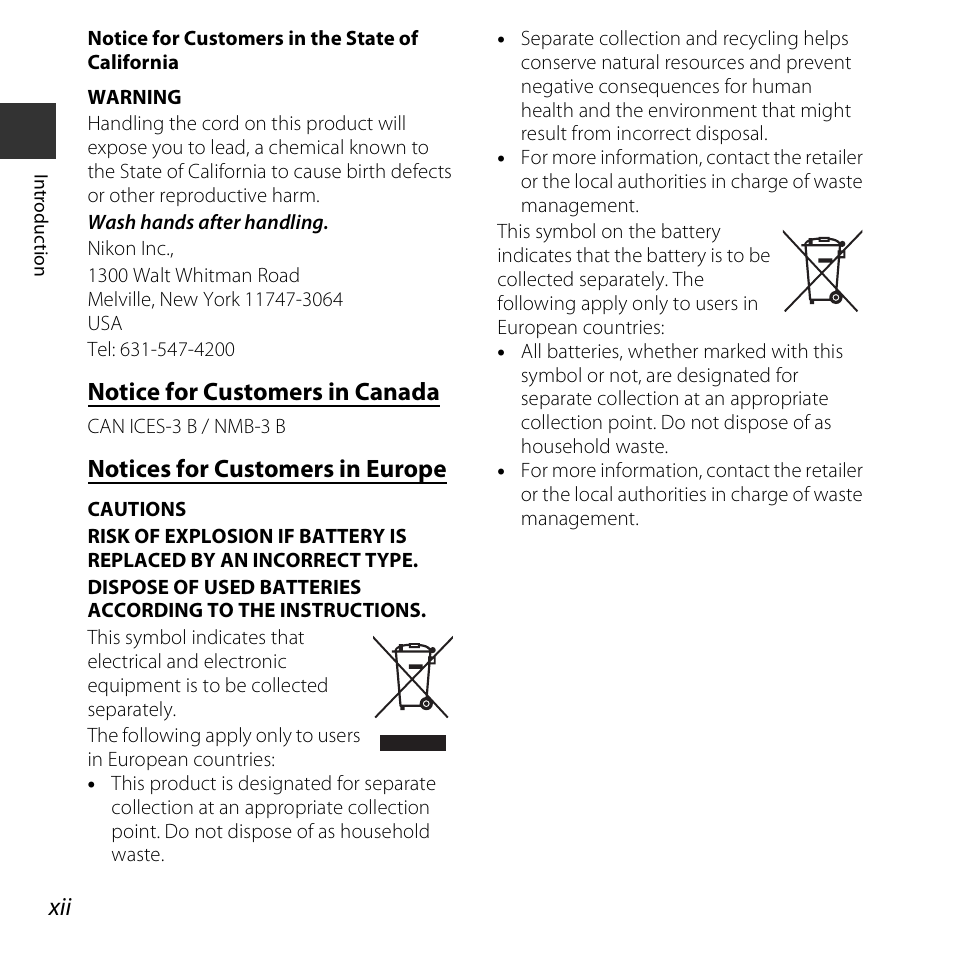 Notice for customers in canada, Notices for customers in europe | Nikon S3600 User Manual | Page 14 / 208