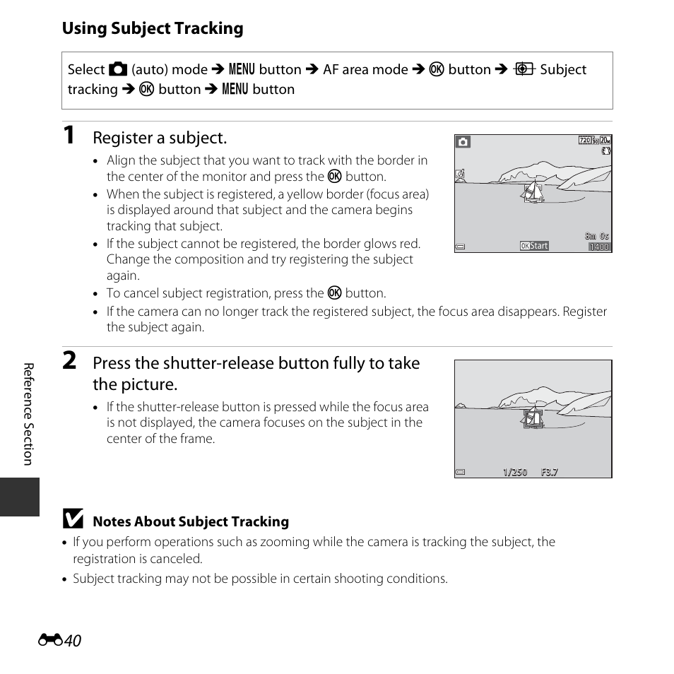 See “using subject tracking, E40) fo, Using subject tracking | Register a subject | Nikon S3600 User Manual | Page 140 / 208