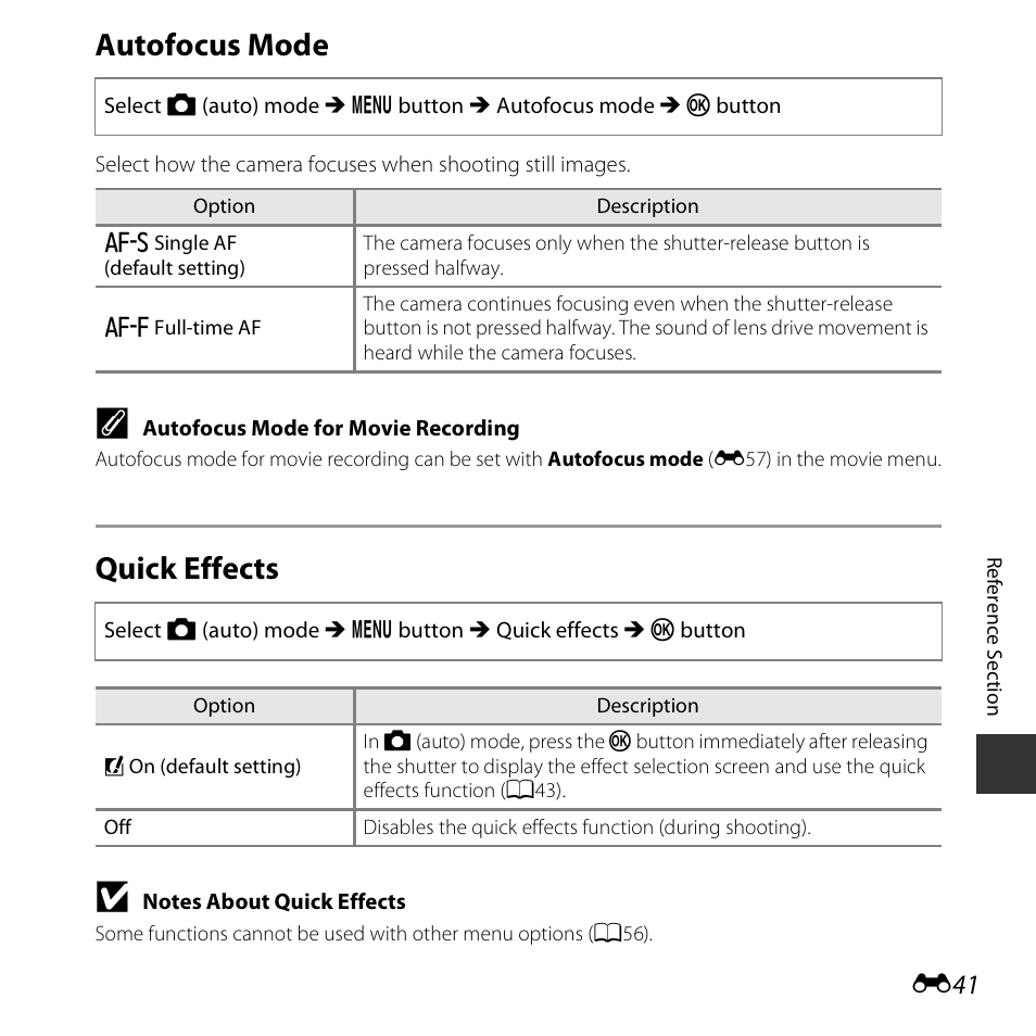 Autofocus mode, Quick effects | Nikon S3600 User Manual | Page 141 / 208