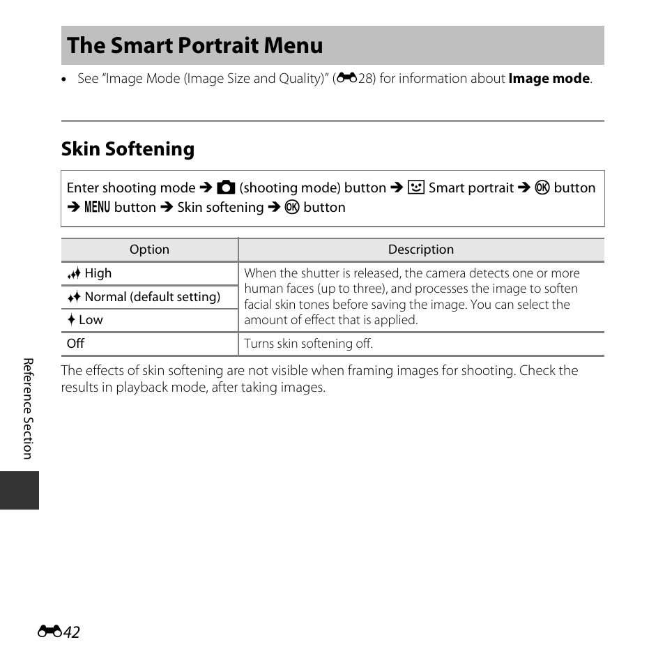 The smart portrait menu, Skin softening | Nikon S3600 User Manual | Page 142 / 208