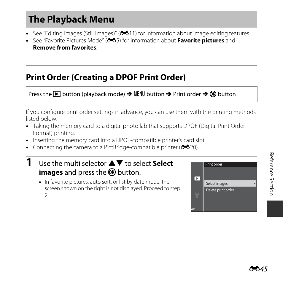 The playback menu, Print order (creating a dpof print order), E45) | Nikon S3600 User Manual | Page 145 / 208