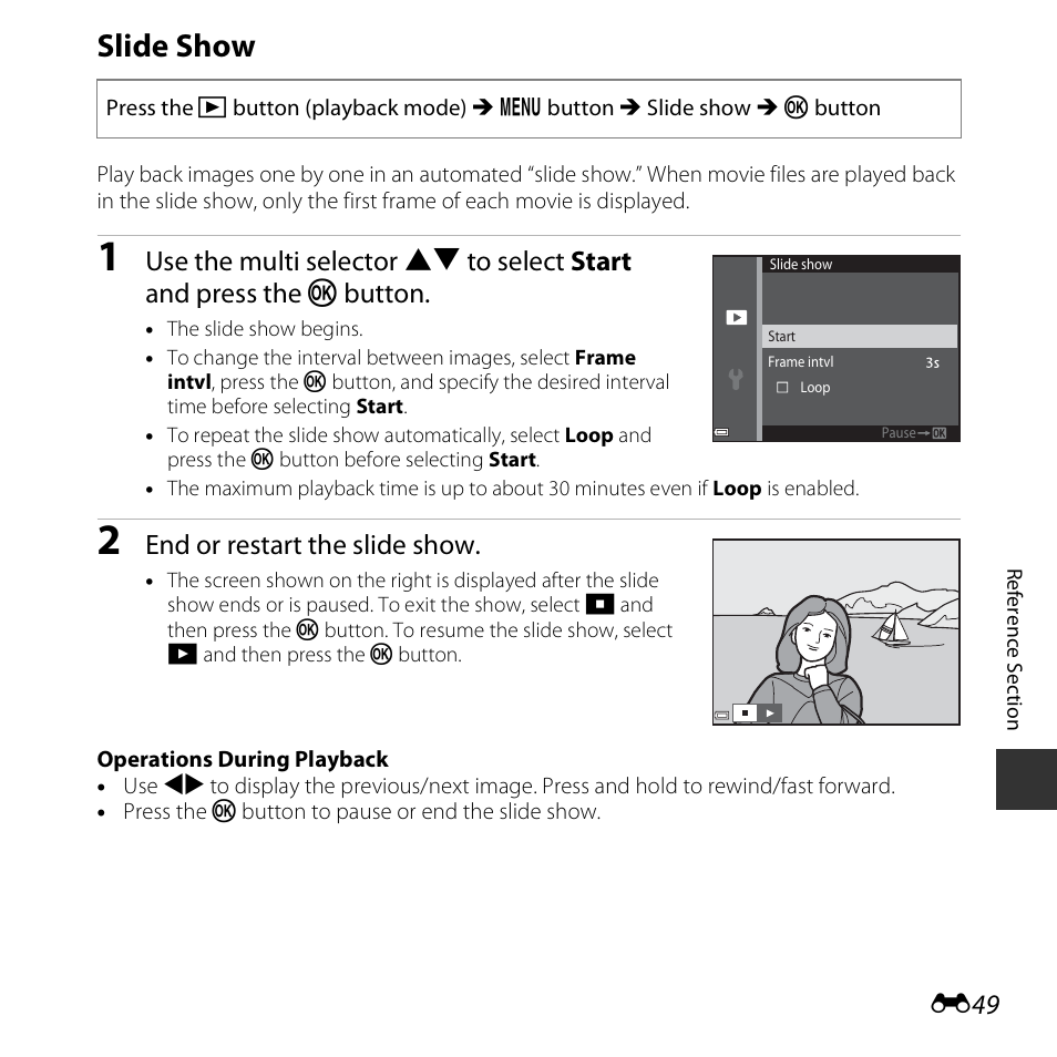 Slide show, End or restart the slide show | Nikon S3600 User Manual | Page 149 / 208