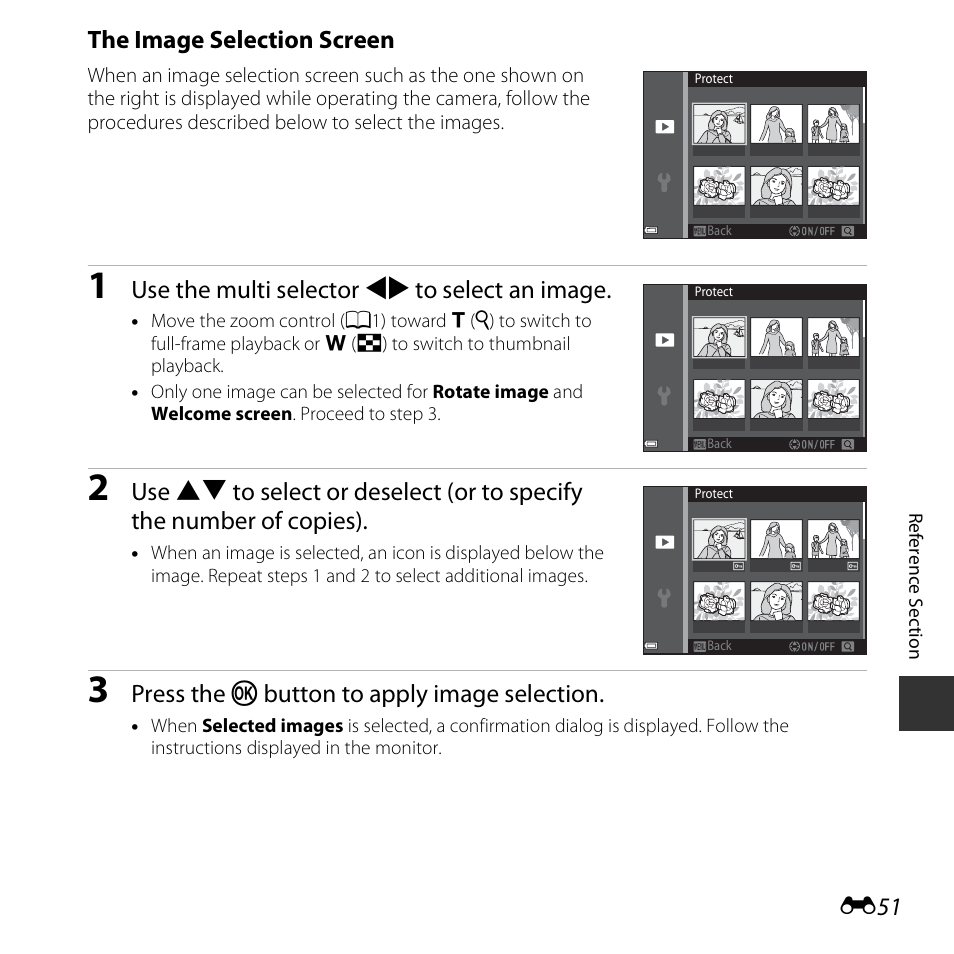 E51), The image selection screen, Use the multi selector jk to select an image | Press the k button to apply image selection | Nikon S3600 User Manual | Page 151 / 208