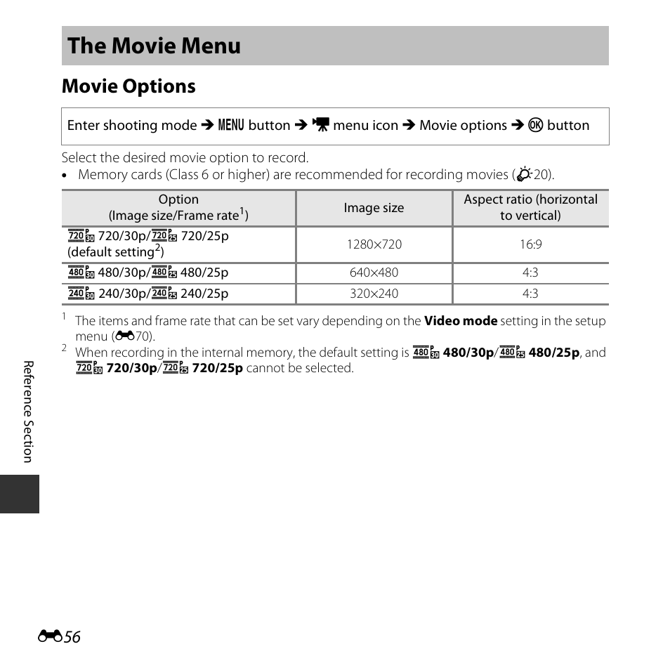 The movie menu, Movie options | Nikon S3600 User Manual | Page 156 / 208