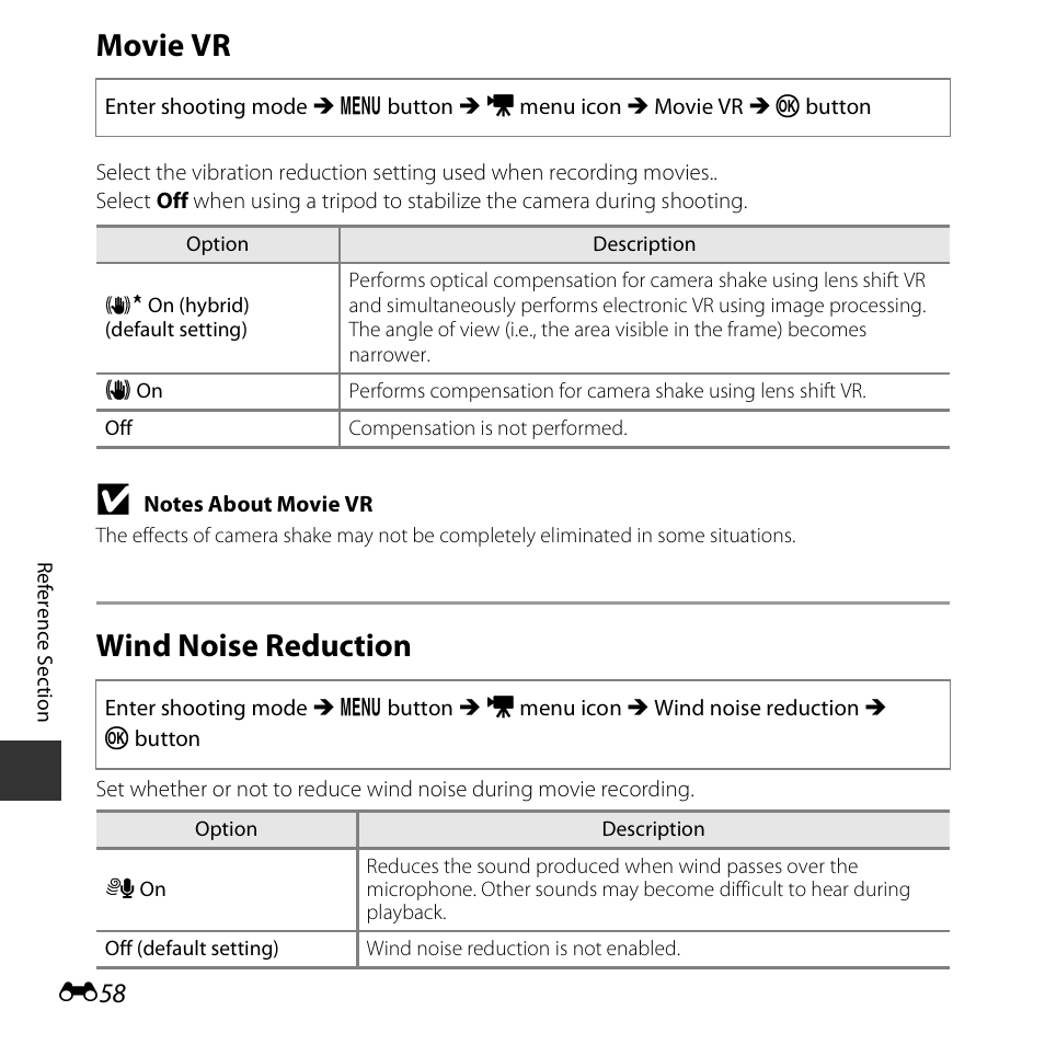 Movie vr, Wind noise reduction | Nikon S3600 User Manual | Page 158 / 208