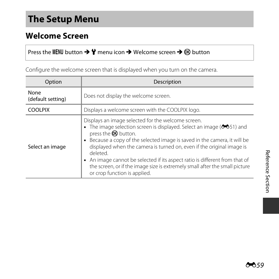 The setup menu, Welcome screen | Nikon S3600 User Manual | Page 159 / 208