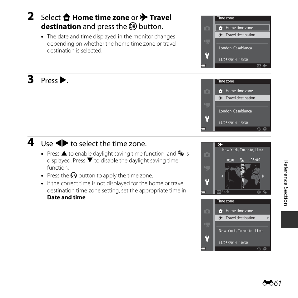 Press k, Use jk to select the time zone | Nikon S3600 User Manual | Page 161 / 208