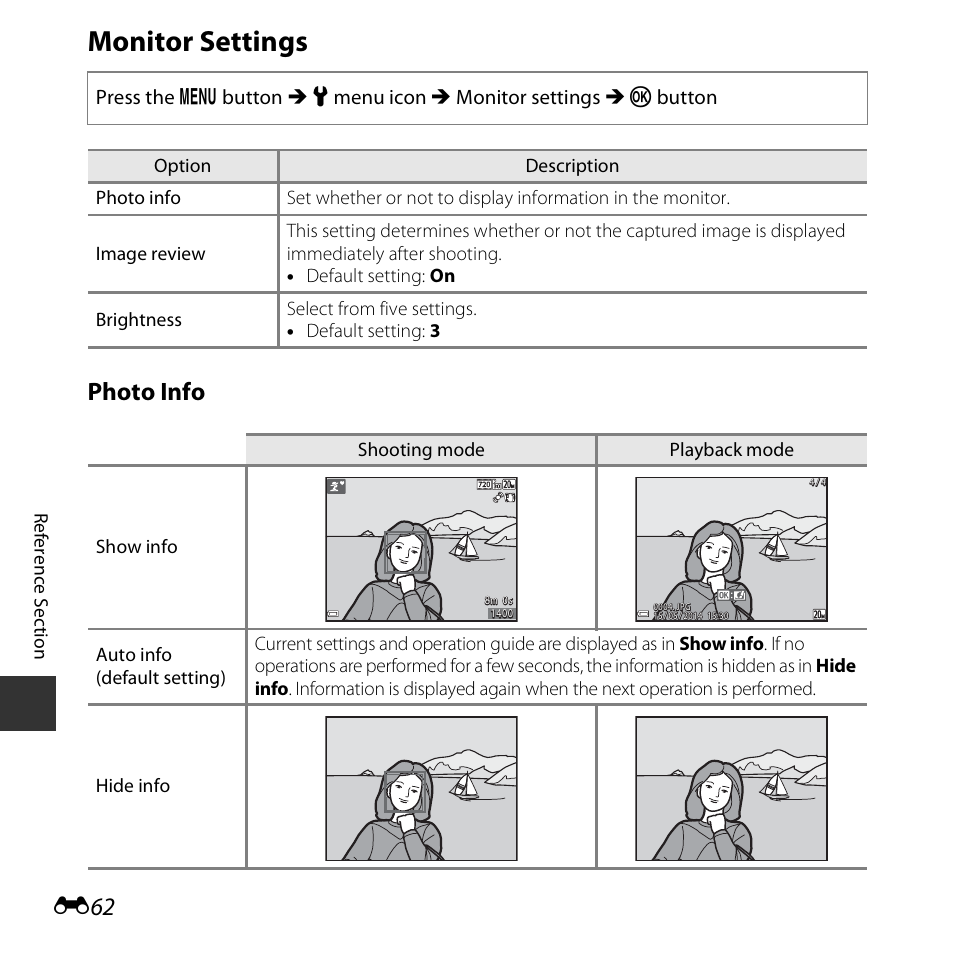 Monitor settings, Photo info | Nikon S3600 User Manual | Page 162 / 208