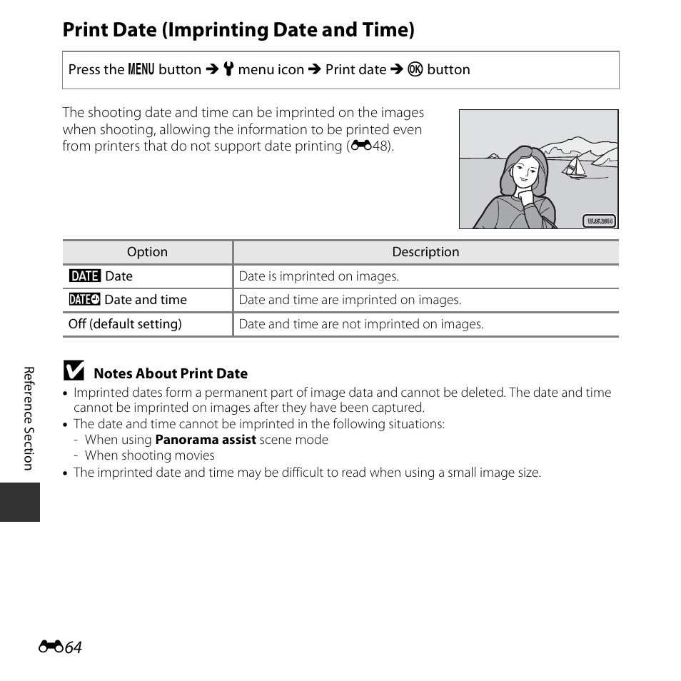 Print date (imprinting date and time), E64) | Nikon S3600 User Manual | Page 164 / 208