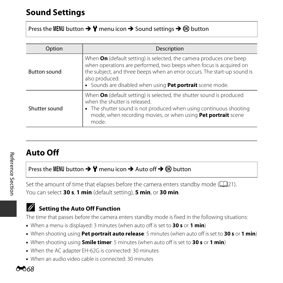 Sound settings, Auto off, Sound settings auto off | Nikon S3600 User Manual | Page 168 / 208