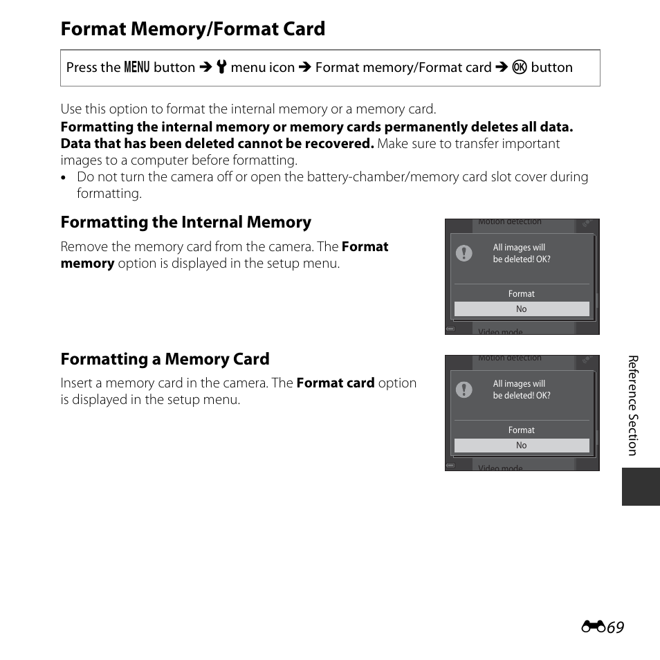 Format memory/format card | Nikon S3600 User Manual | Page 169 / 208