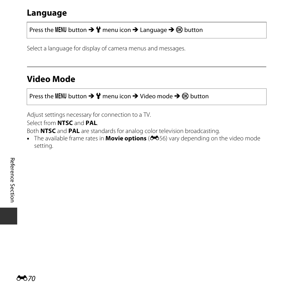 Language, Video mode | Nikon S3600 User Manual | Page 170 / 208