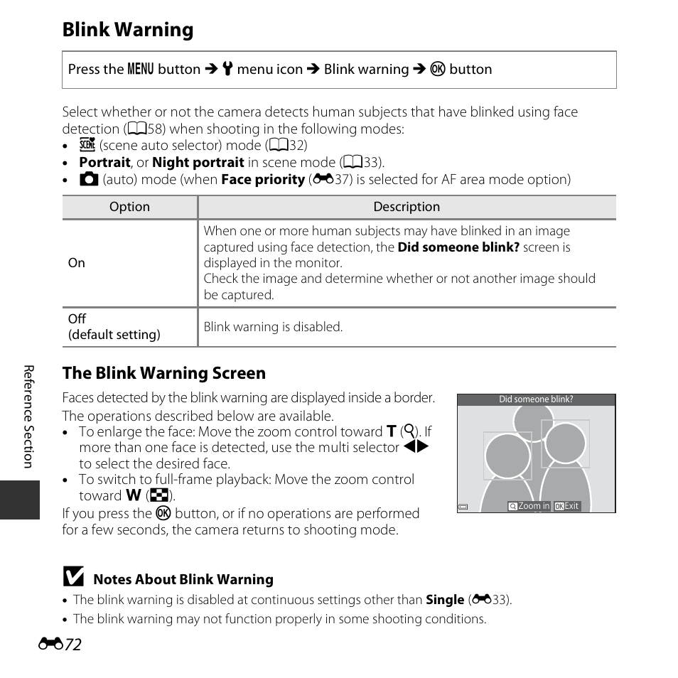 Blink warning, The blink warning screen | Nikon S3600 User Manual | Page 172 / 208