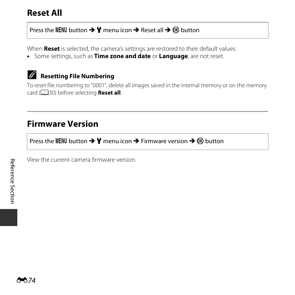 Reset all, Firmware version | Nikon S3600 User Manual | Page 174 / 208