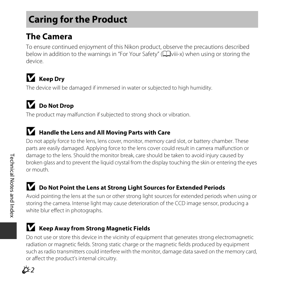 Caring for the product, The camera | Nikon S3600 User Manual | Page 182 / 208