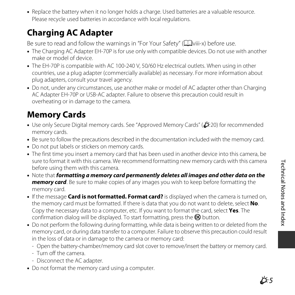 Charging ac adapter, Memory cards | Nikon S3600 User Manual | Page 185 / 208