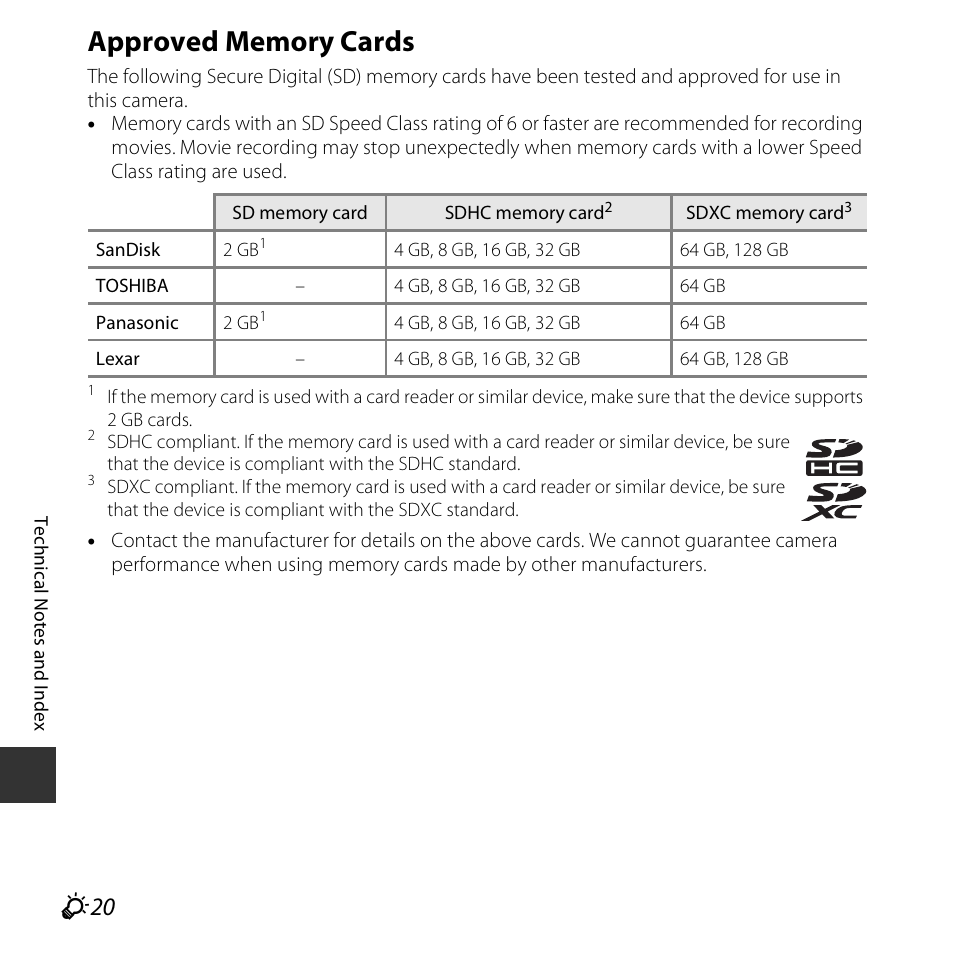 Approved memory cards, See “approved memory cards” (f20) for recom | Nikon S3600 User Manual | Page 200 / 208