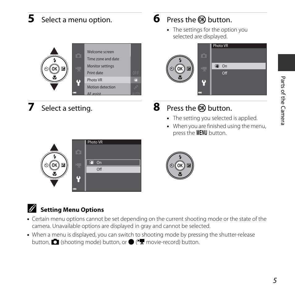 Select a menu option, Press the k button, Select a setting | Nikon S3600 User Manual | Page 23 / 208