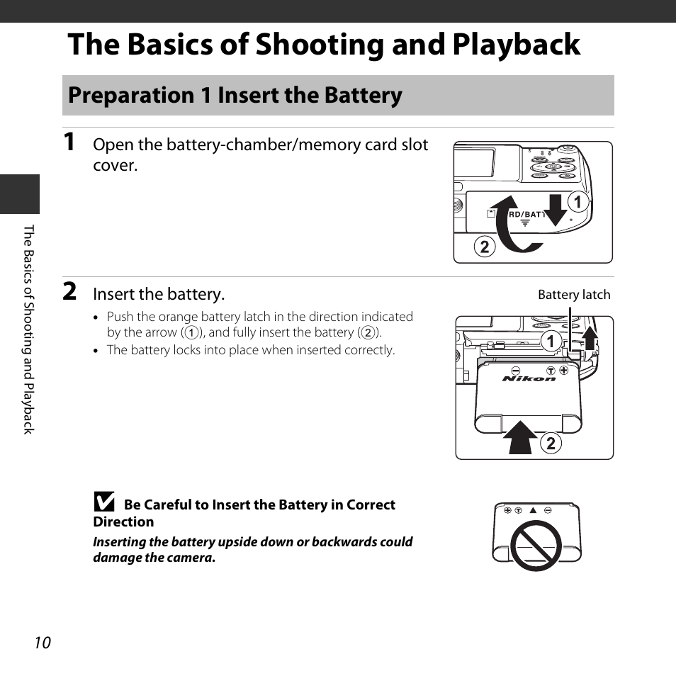 The basics of shooting and playback, Preparation 1 insert the battery, A10) | Nikon S3600 User Manual | Page 28 / 208