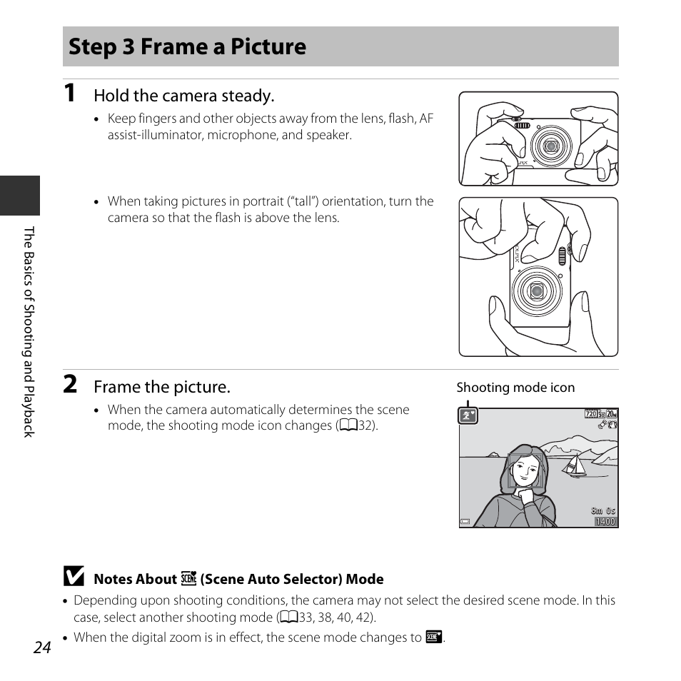 Step 3 frame a picture, Hold the camera steady, Frame the picture | Nikon S3600 User Manual | Page 42 / 208